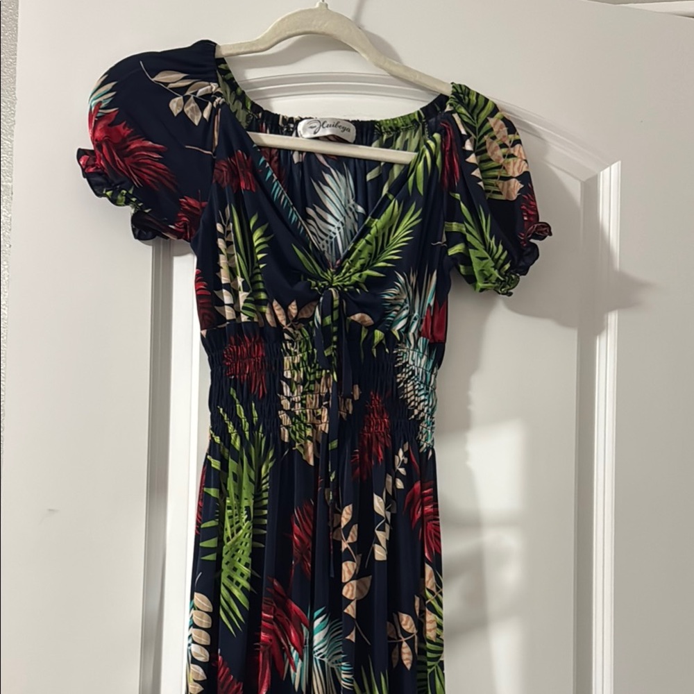 Green and Red Smocked Maxi Sundress with Puff Cap Sleeves